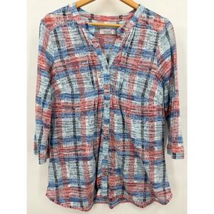 Per Una Womens XL Red White & Blue Plaid Button‎ Up Blouse Breezy Cotton Blend
